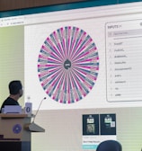 A person stands in front of a large screen displaying a colorful digital wheel with names. The screen shows a web interface with options for inputs, featuring a list of names with checkboxes on one side and a large, vibrant spinning wheel on the other. The environment appears to be indoors, possibly in a conference or presentation setting with a podium.